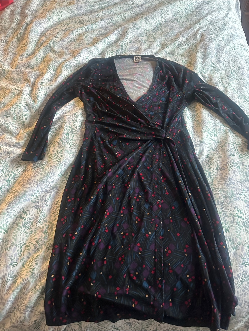 Anne Klein Black Floral Wrap-Style Midi Dress with Long Sleeves Size 10